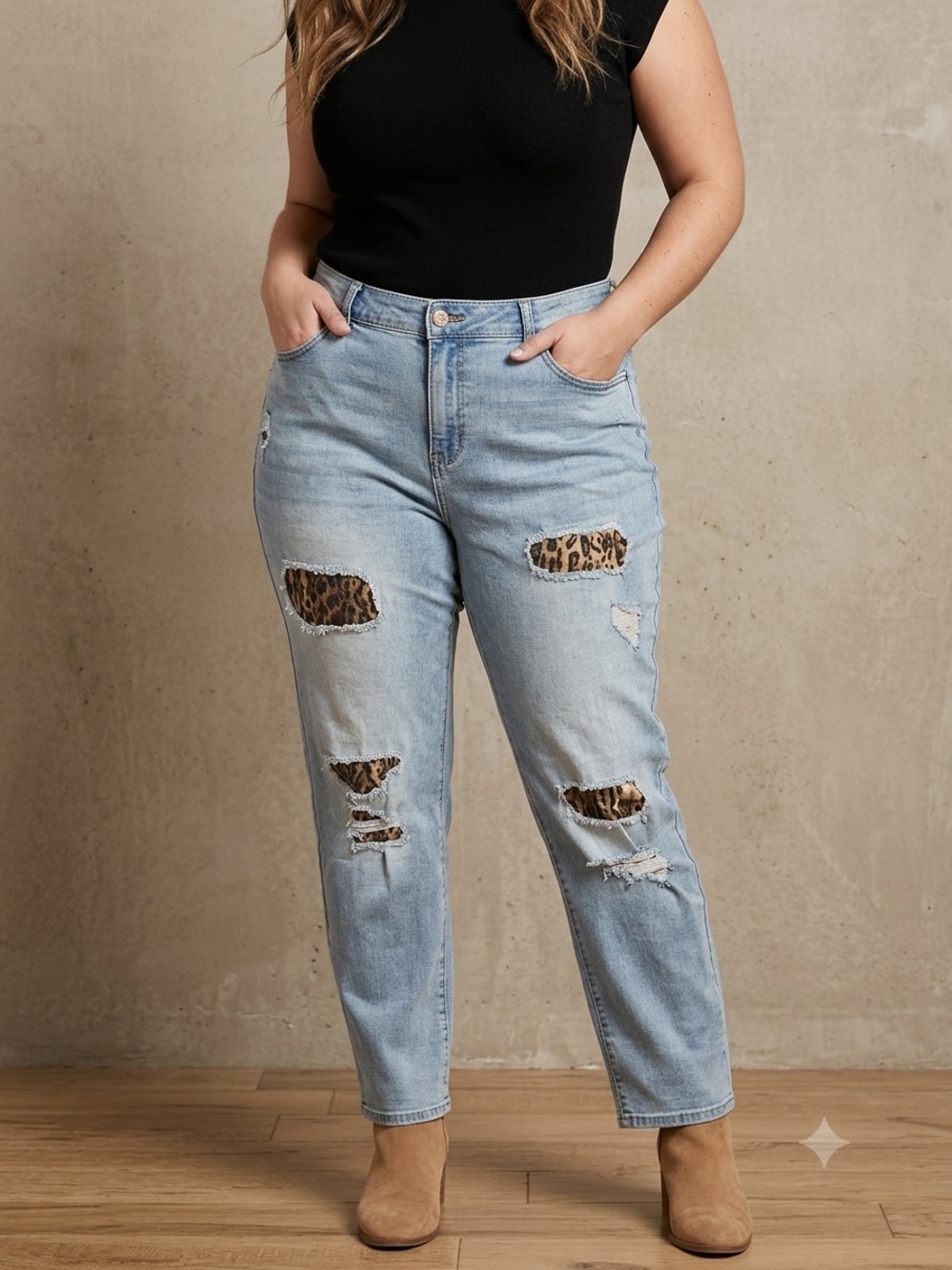 Inc Denim Light Wash Distressed Women's Jeans with Leopard Patch Accents -3x ✨